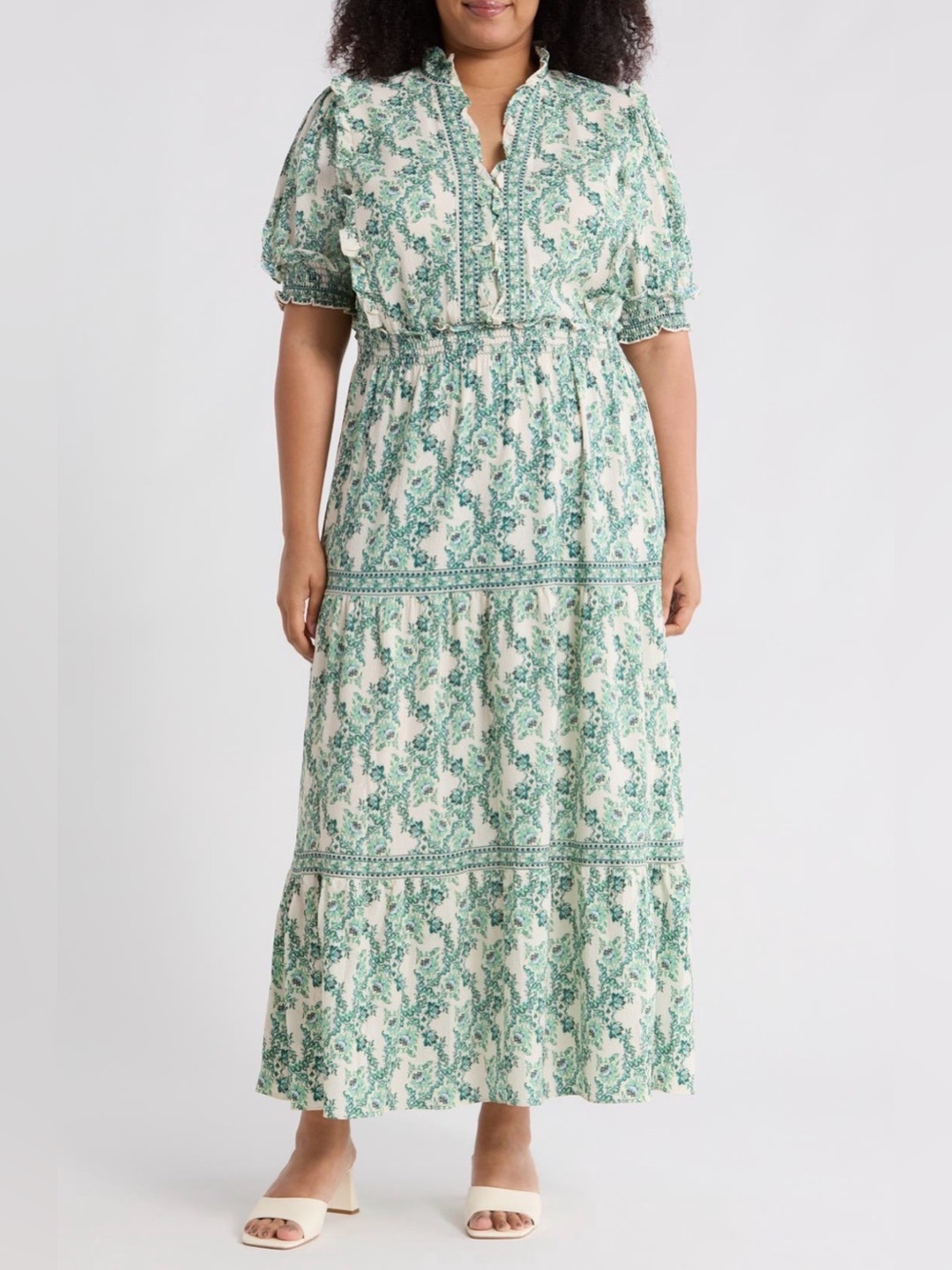 Max Studio Floral Green Maxi Dress with Smocked Waist NWT Plus Size 3X